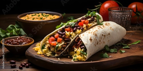 Hearty Breakfast Burrito with Wholegrains, Scrambled Eggs, Black Beans, Tomatoes, Cheese, and Salsa. Concept Breakfast Burrito Recipe, Wholegrains, Scrambled Eggs, Black Beans, Tomatoes, Cheese