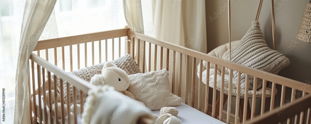 A peaceful setting of a plush bear in a crib, representing childhood or nursery. A peaceful setting of a plush bear in a crib, representing childhood or nursery.