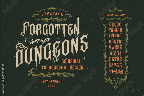 Vector vintage font Dungeon. Letters and numbers