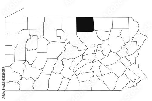 Map of Tioga County in Pennsylvania state on white background. single County map highlighted by black colour on Pennsylvania map. UNITED STATES, US photo