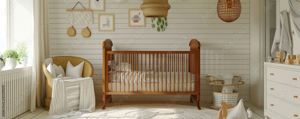 A peaceful setting of a plush bear in a crib, representing childhood or nursery. A peaceful setting of a plush bear in a crib, representing childhood or nursery.