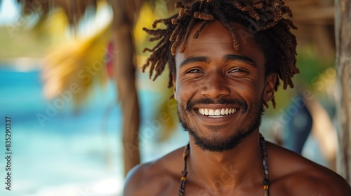handsome African man smiling at bar and restaurant beach front, summer vacation holiday 