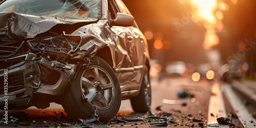 Selective focus on a damaged car in a road crash with space for text. Concept Car Crash, Accident Scene, Damaged Vehicle, Selective Focus, Empty Space photo