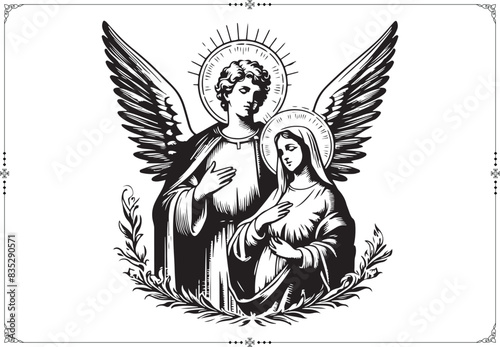 Saint Gabriel with The Virgin Mary - - Engraving Style - Vector