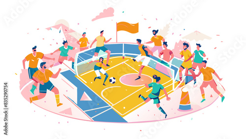Dynamic Soccer Match Illustration with Energetic Players and Colorful Background