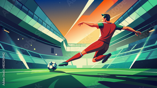 Dynamic Soccer Player Scores During Sunset Match at Stadium