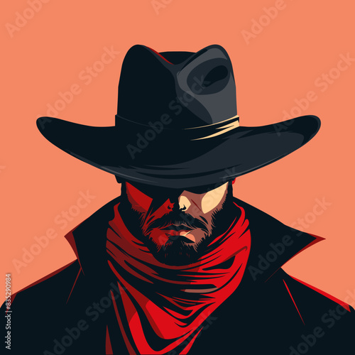Mysterious Cowboy with Hat and Scarf, Vector Art