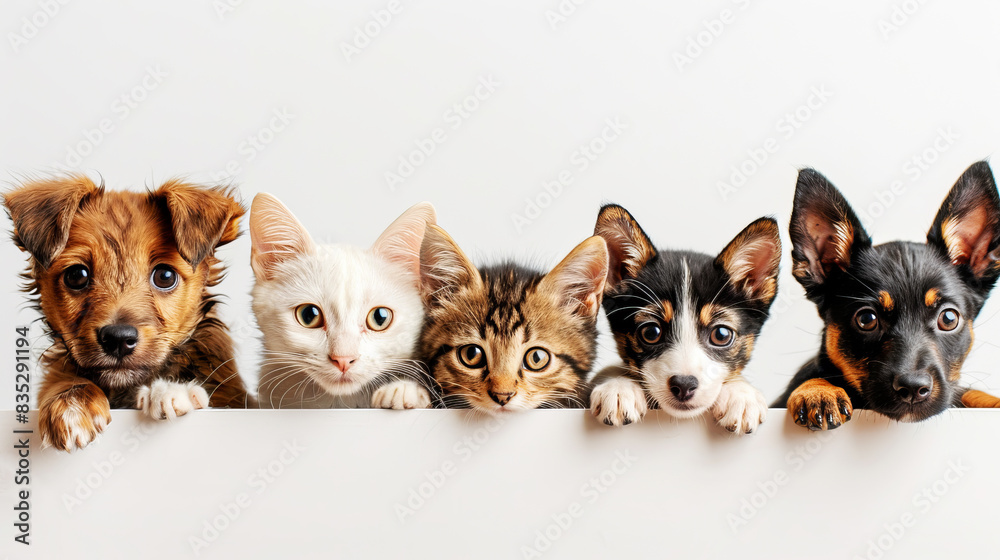 Four puppies and a kitten peeking over a blank white surface, symbolizing curiosity and cuteness, against a light background. Generative AI Four puppies and a kitten peeking over a blank white surface, symbolizing curiosity and cuteness, against a light background. Generative AI