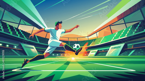 Dynamic Soccer Player Executing Powerful Kick in Stadium