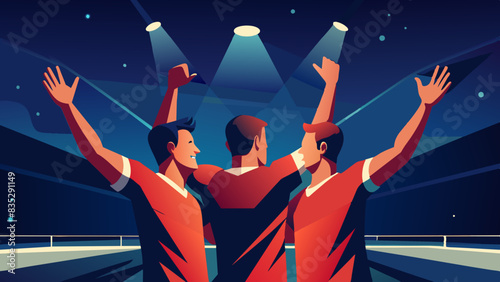 Victory Celebration of Three Soccer Players at Nighttime Stadium