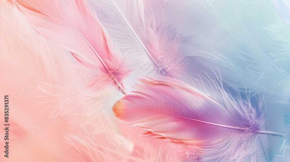 Soft pastel feathers in shades of pink and blue create a delicate, dreamy abstract background. Perfect for concepts of softness and tranquility. Soft pastel feathers in shades of pink and blue create a delicate, dreamy abstract background. Perfect for concepts of softness and tranquility.