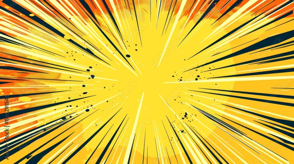 Fototapeta premium Bright yellow and orange comic-style explosion with dynamic lines radiating outwards. Pop art concept.