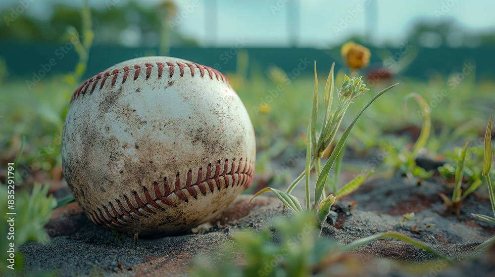 close up of baseball on baseball field wet and muddy, sport with copy space background close up of baseball on baseball field wet and muddy, sport with copy space background