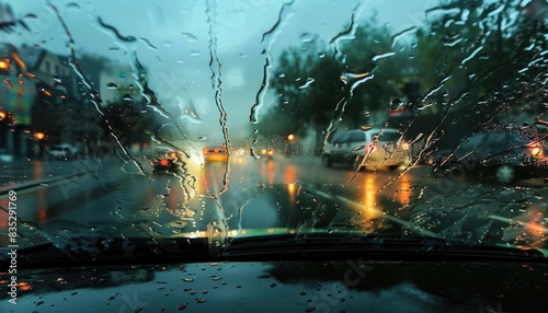 The windshield transforms into a canvas, painted with streaks of raindrops erased by the tireless sweep of wipers. photo