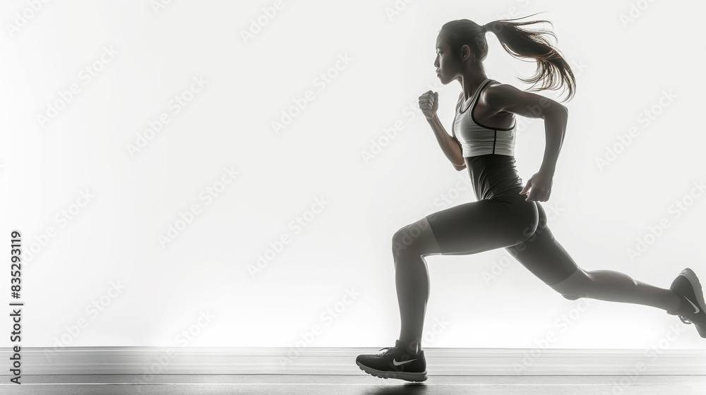A woman in athletic wear running, captured in a side view against a white background, depicting the concept of fitness and motion. Generative AI