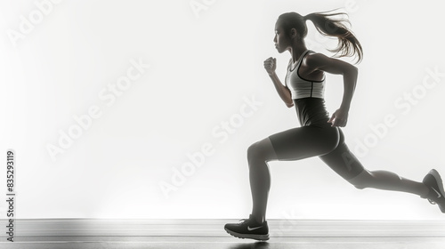 A woman in athletic wear running  captured in a side view against a white background  depicting the concept of fitness and motion. Generative AI