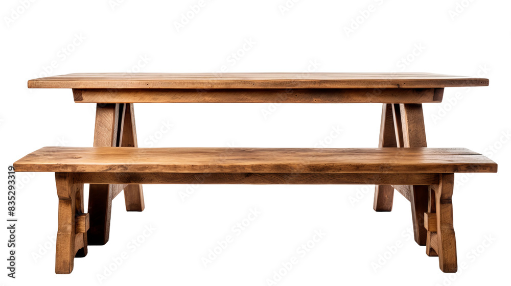 a rustic wooden dining table with matching benches, isolated on a white background. a rustic wooden dining table with matching benches, isolated on a white background.