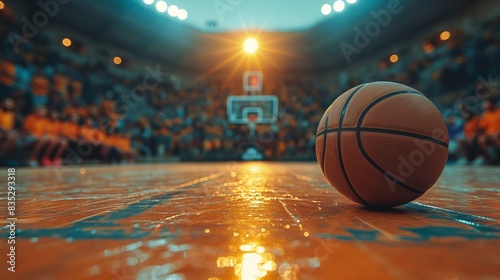 basketball ball on floor at court stand full with people and spotlights background © QuietWord