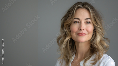 Portrait of a confident mature Caucasian woman with a radiant smile, showcasing natural beauty and healthy skin