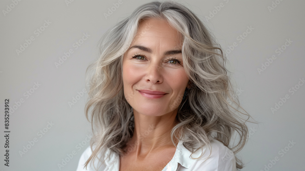 Elegant mature woman with silver hair smiling, representing natural beauty and graceful aging Elegant mature woman with silver hair smiling, representing natural beauty and graceful aging