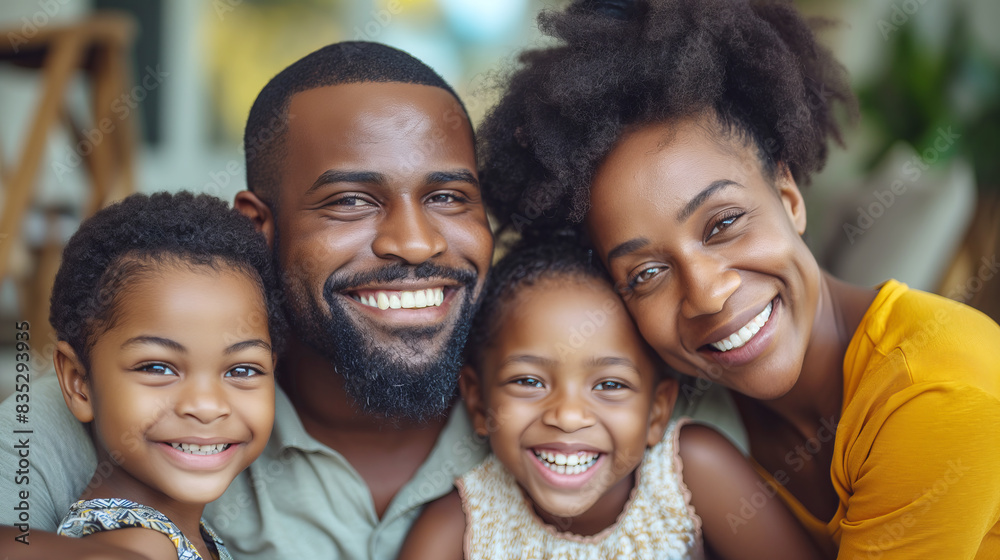 A happy family posing for a portrait, with a blurred natural background, expressing love and togetherness. Generative AI A happy family posing for a portrait, with a blurred natural background, expressing love and togetherness. Generative AI