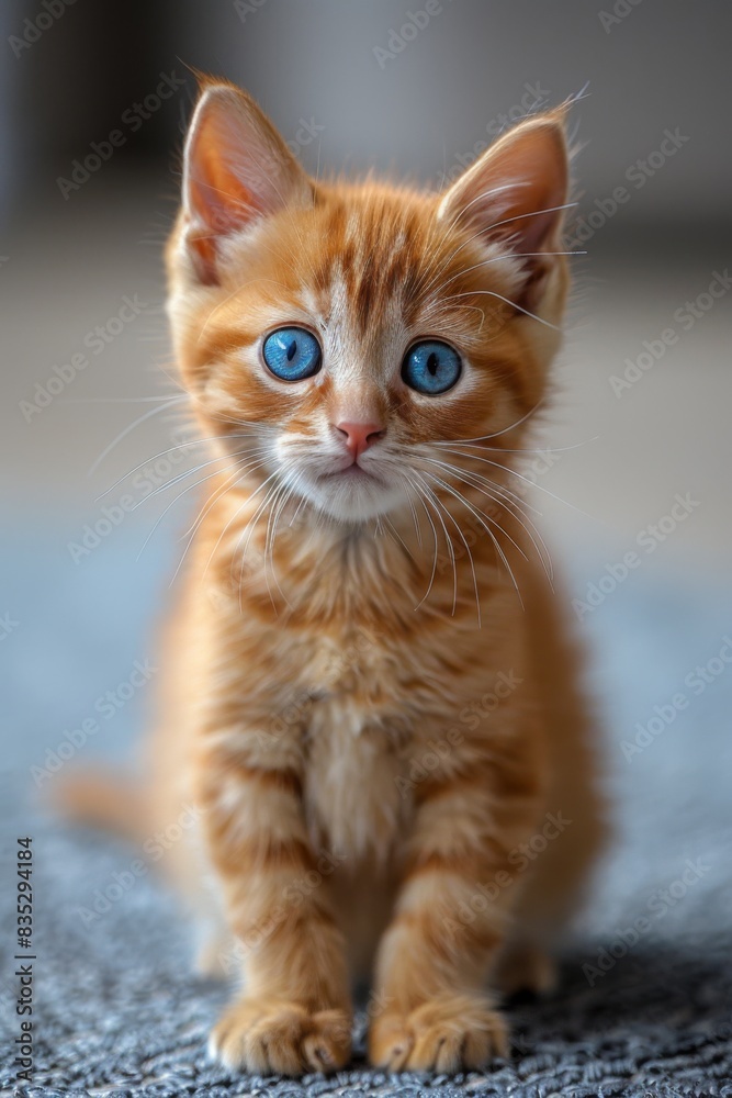A striking portrait of an orange kitten with vivid blue eyes, soft fur, and a curious gaze set against a grey background