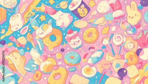Colorful whimsical illustration with cute characters and various sweets, perfect for children's books and playful designs.