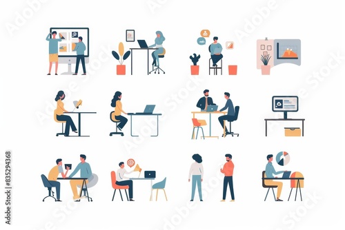 A collection of illustrations depicts various business and work-related activities with a focus on teamwork, meetings, and technology