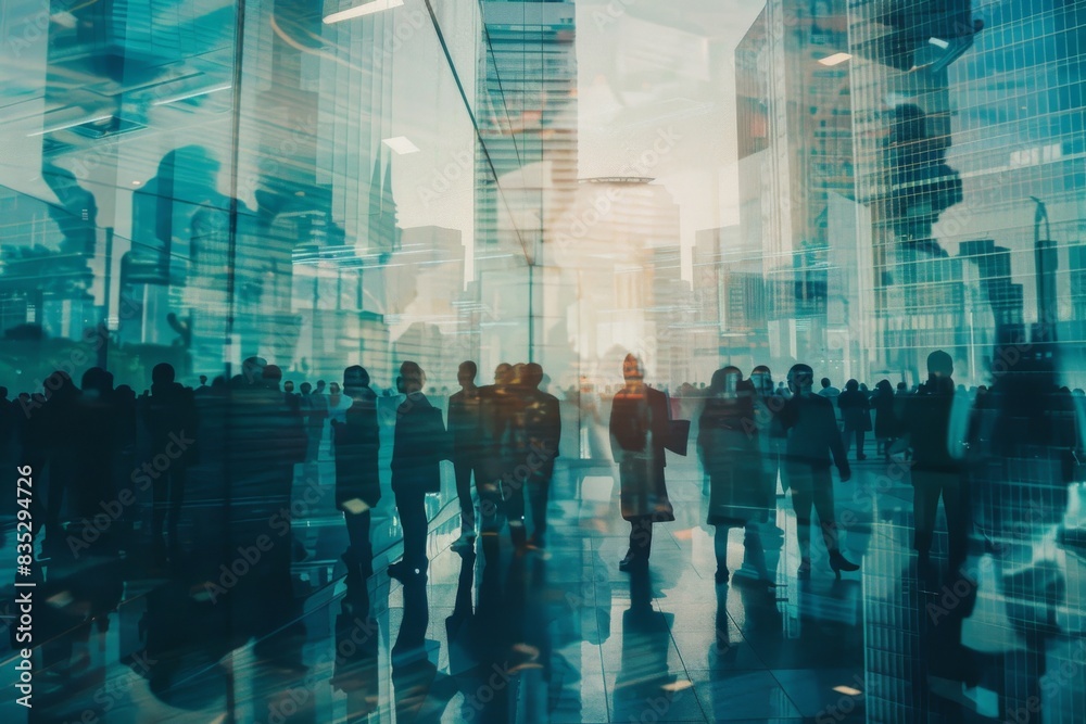 Abstract view of silhouettes and reflections in a glass facade, depicting urban life and business Abstract view of silhouettes and reflections in a glass facade, depicting urban life and business