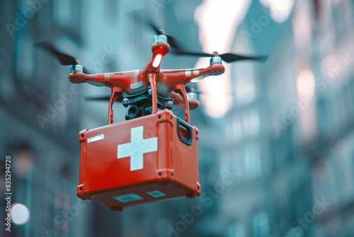 Close-up of a drone carrying a red first aid box, against a blurred urban background photo