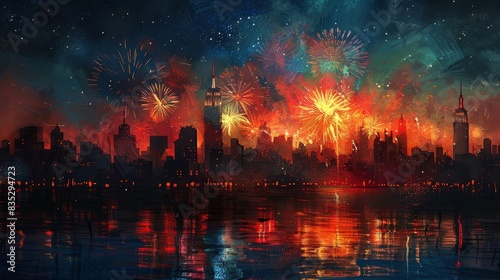 Night sky fireworks, Fourth of July, vibrant colors, cityscape, celebratory mood