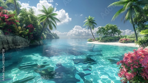 Tropical Paradise  Create a stunning tropical paradise with crystal clear waters  palm trees  and vibrant flowers 