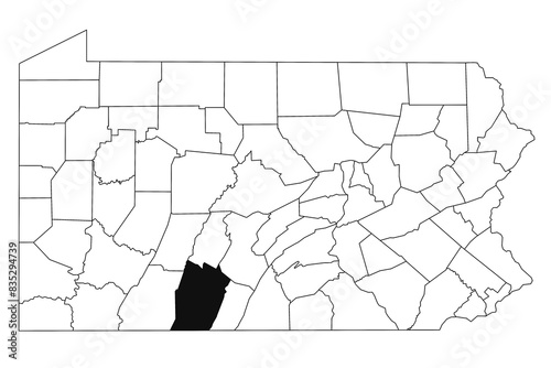 Map of Bedford County in Pennsylvania state on white background. single County map highlighted by black colour on Pennsylvania map. UNITED STATES, US photo