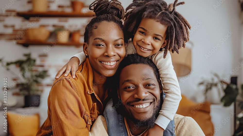 A happy family portrait with a mother, father, and child embracing, warm home atmosphere, expressing joy and togetherness. Generative AI A happy family portrait with a mother, father, and child embracing, warm home atmosphere, expressing joy and togetherness. Generative AI