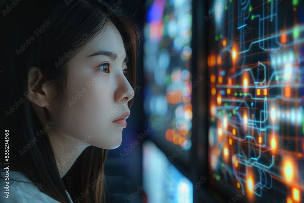 Side view of a woman observing multi-colored data on screens with focus and attention Side view of a woman observing multi-colored data on screens with focus and attention