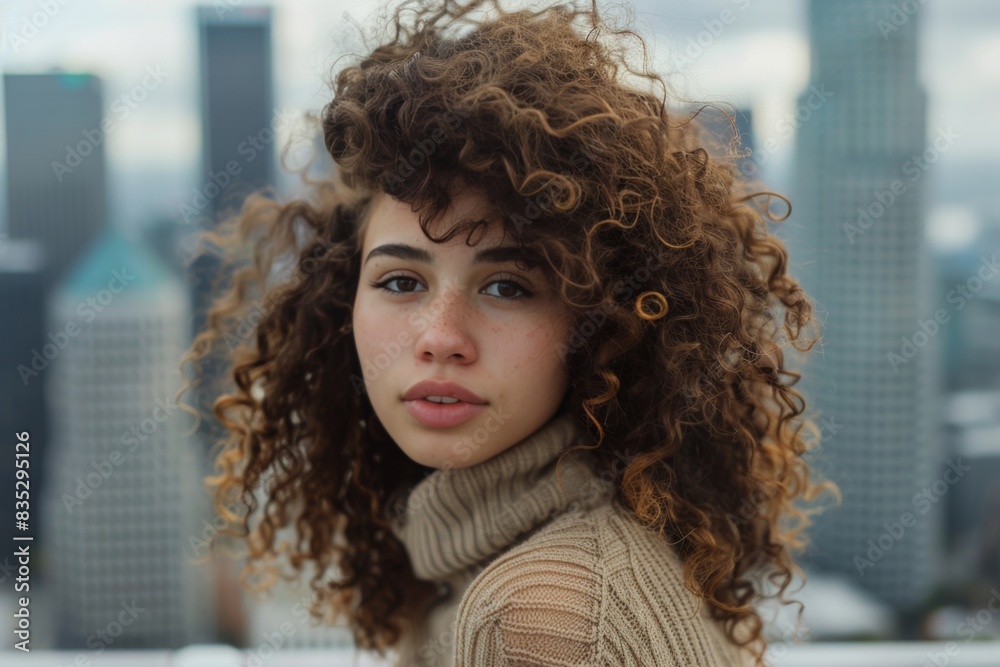 A woman with curly hair looks out towards skyscrapers, with a blurred face for privacy