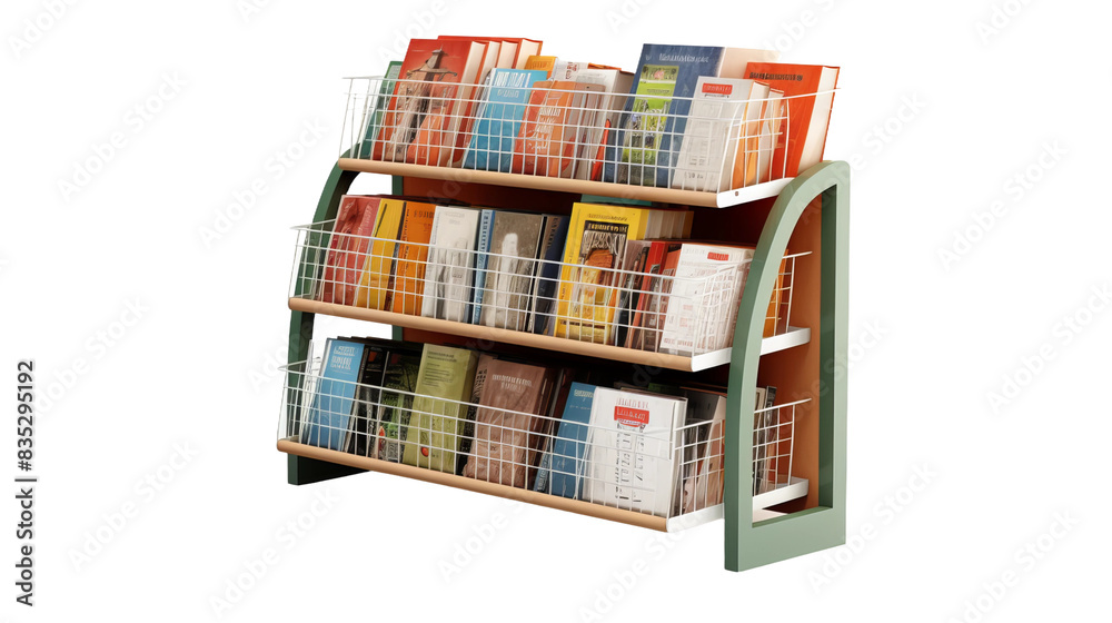 supermarket magazine and book rack, isolated on a white background.