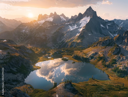 A breathtaking view of a majestic mountain range with a reflective lake at sunset  showcasing the stunning natural beauty and tranquility of the landscape. 