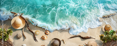 Overhead view of a serene beach with turquoise ocean waves and soft sand, decorated with driftwood and sun hats for a summer sale promotion banner photo