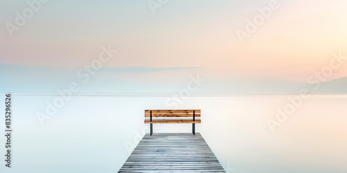 Solitary Bench on Misty Pier at Sunrise - Generative AI