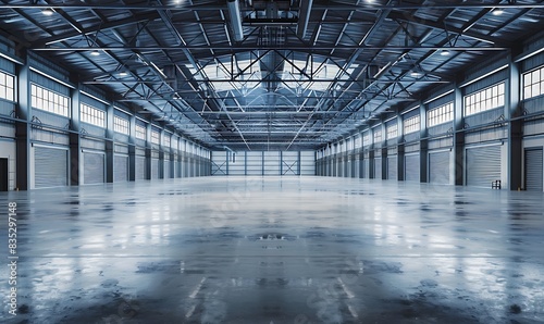 Concrete floor inside industrial building. Use as large factory, warehouse, storehouse, hangar or plant. Modern interior with metal wall and steel structure with empty space for industry background.