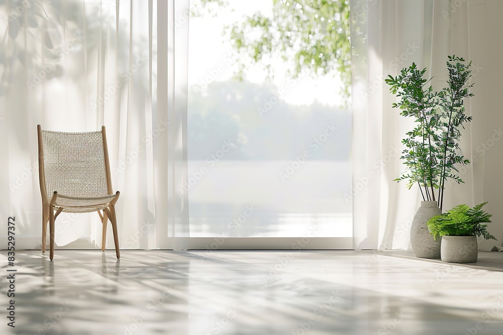 Fototapeta premium Bright sunny room with minimalistic chair and green plants.