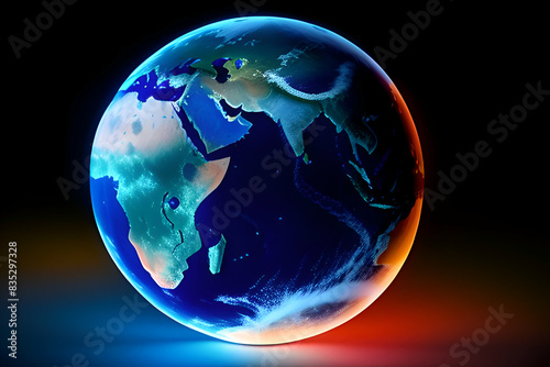 Digital abstract globe made of plexus glowing lines. Business technology structure of the orange lines  dots and particles. Africa continent. 3d rendering