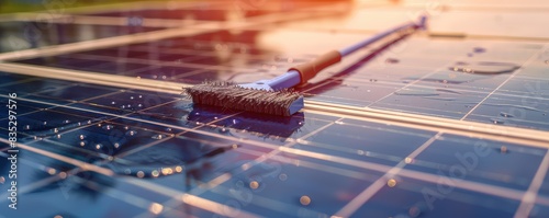 Yellow brush on a wet solar panel or blue surface with droplets