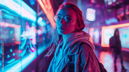 A teenager in a cyberpunk landscape