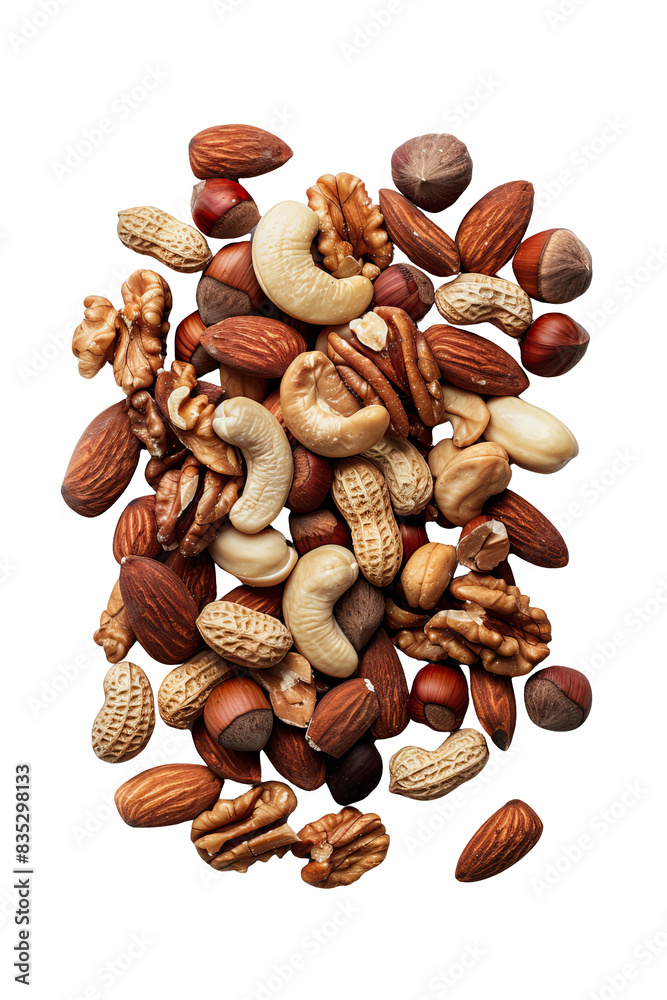 A close-up view of a variety of mixed nuts, including almonds, cashews, peanuts, walnuts, and hazelnuts, isolated on a white background. A close-up view of a variety of mixed nuts, including almonds, cashews, peanuts, walnuts, and hazelnuts, isolated on a white background.