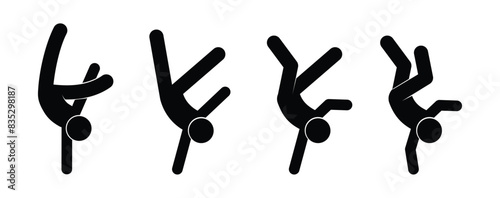 stick figure people standing upside down, acrobatic act on hands, cheerful man
