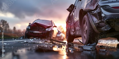 Two-car collision on road leads to vehicle damage. Concept Road collision, Vehicle damage, Car accident, Insurance claim, Road safety