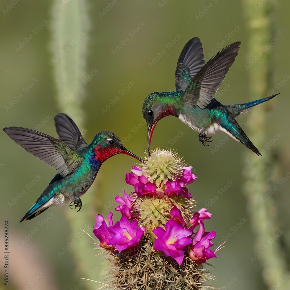 Obraz premium Panoramic Composition of Adult Male Broad Billed Hummingbird Feeding at Cactus Flower 