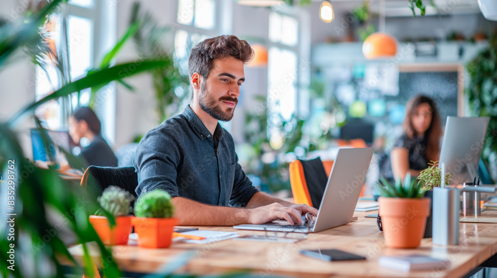 A man typing on a laptop in a modern office setting, surrounded by plants, embodying the concept of a creative workspace. Generative AI A man typing on a laptop in a modern office setting, surrounded by plants, embodying the concept of a creative workspace. Generative AI
